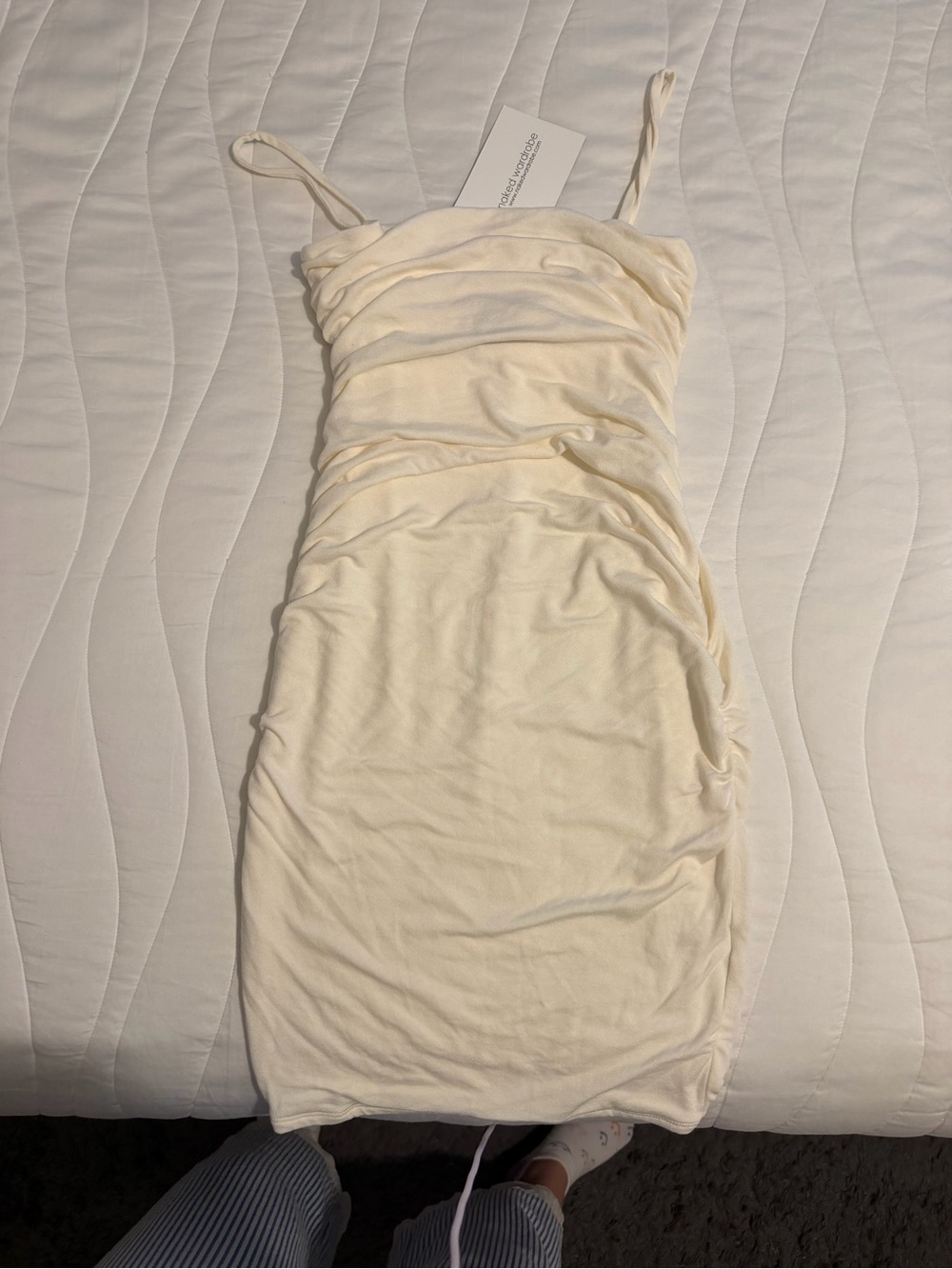 naked wardrobe Cream Ruched Mini Dress with Spaghetti Straps